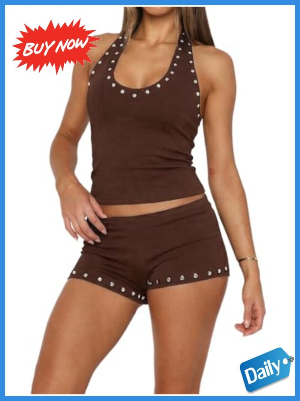 Studded Halter Two Piece Shorts Set Y2K Going Out Outfit